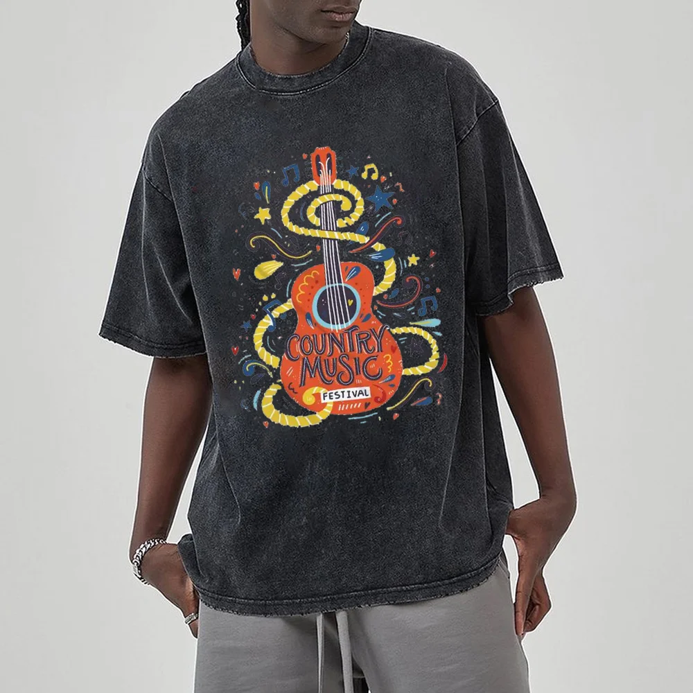 Unisex Fun Cartoon Guitar Letter Printed T Shirt Retro Washed Short Sleeved T-Shirt Retro Washed 100% Cotton Tops Tees