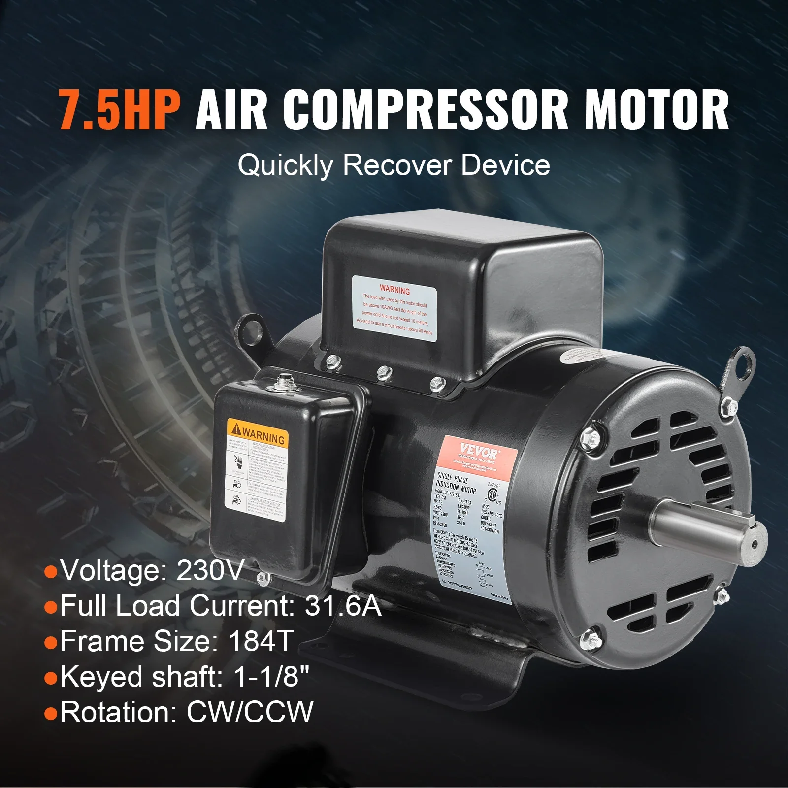 7.5HP Air Compressor Motor 230V 31.6Amps Electric Single Phase Motor 3450RPM 184T Frame for Compressors CW/CCW Rotation