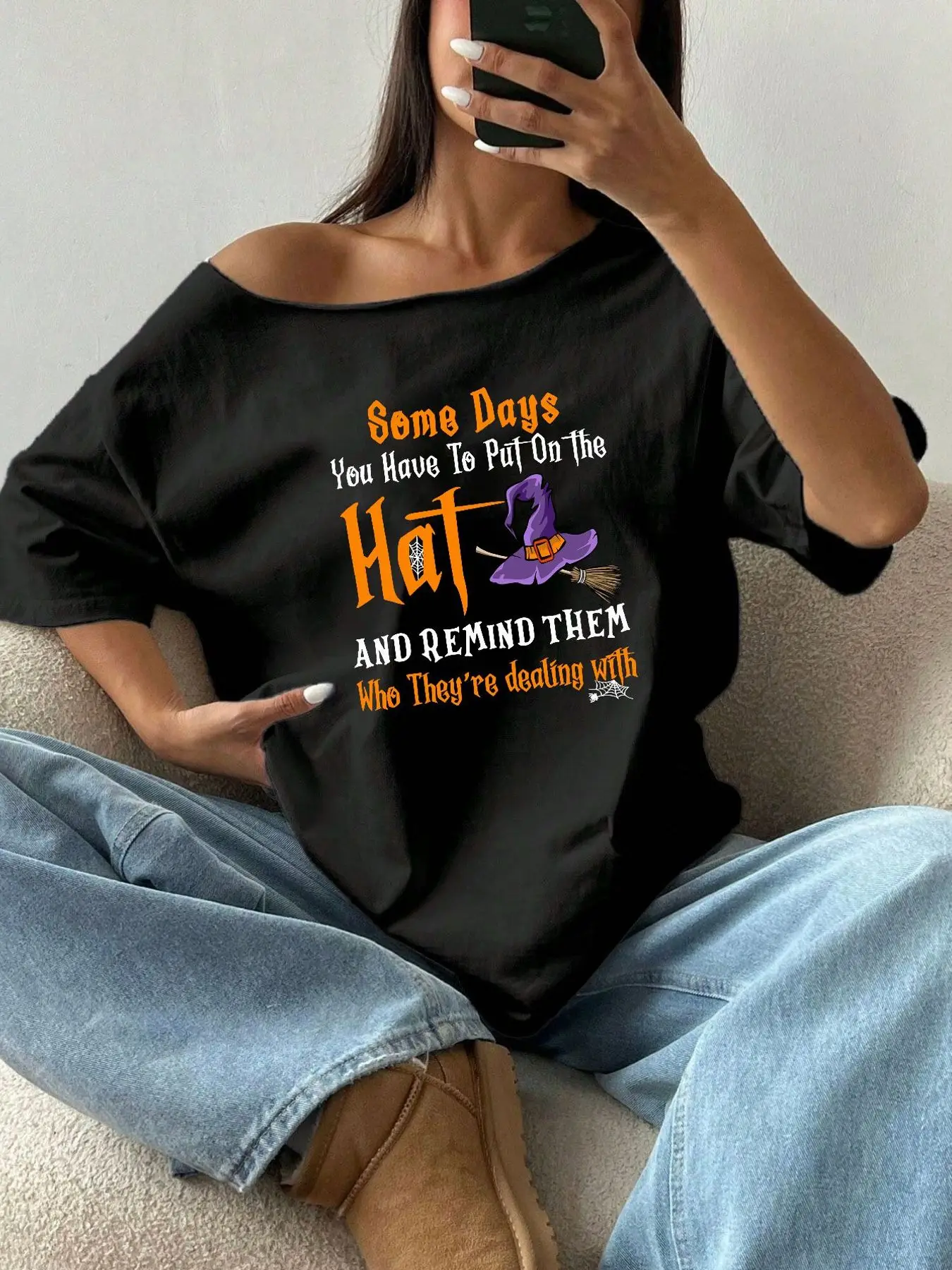 100% Cotton Plus Size Halloween Witch Hat Print Graphic Shoulder Loose Print T-Shirt Oversized Y2K Style Graphic Tees Women T