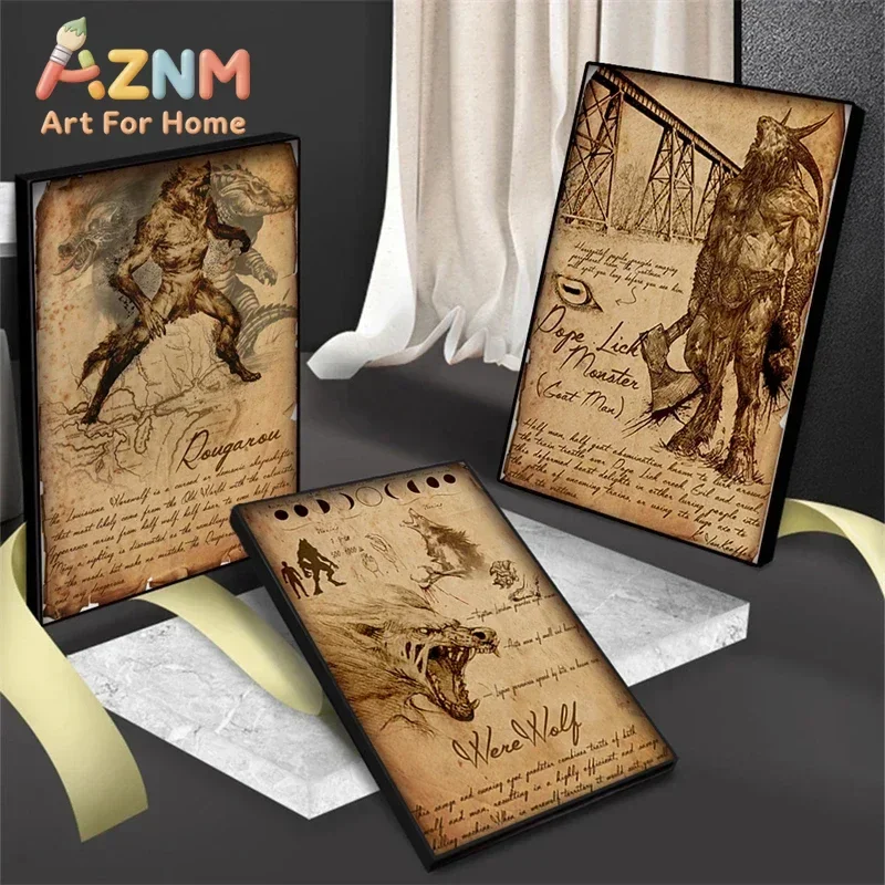 AZNM Vintage Monster Mythology Canvas Wall Art Werewolf Rougarou Goat Man Old Parchment Sketch Frameless Print Poster for Home D