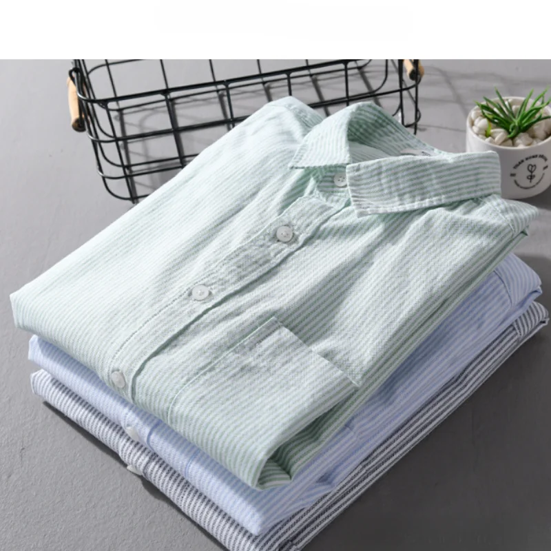 2024 Autumn New Simple Striped 100% Cotton Shirts for Men Clothing Casual Big Pocket Long Sleeve Men Shirts FY9920