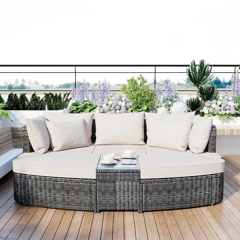 

6-Piece Patio Outdoor Conversation Round Sofa Set, All Weather Pe Wicker Rattan Separate Seating Group With Coffee Table,