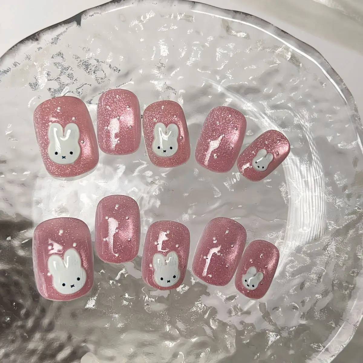 10pcs Short Square Press On Nails Shimmer Pink Blue Cat Eye Bunny Cute Kawaii Rabbit False Nails Reusable Full Cover For Daily