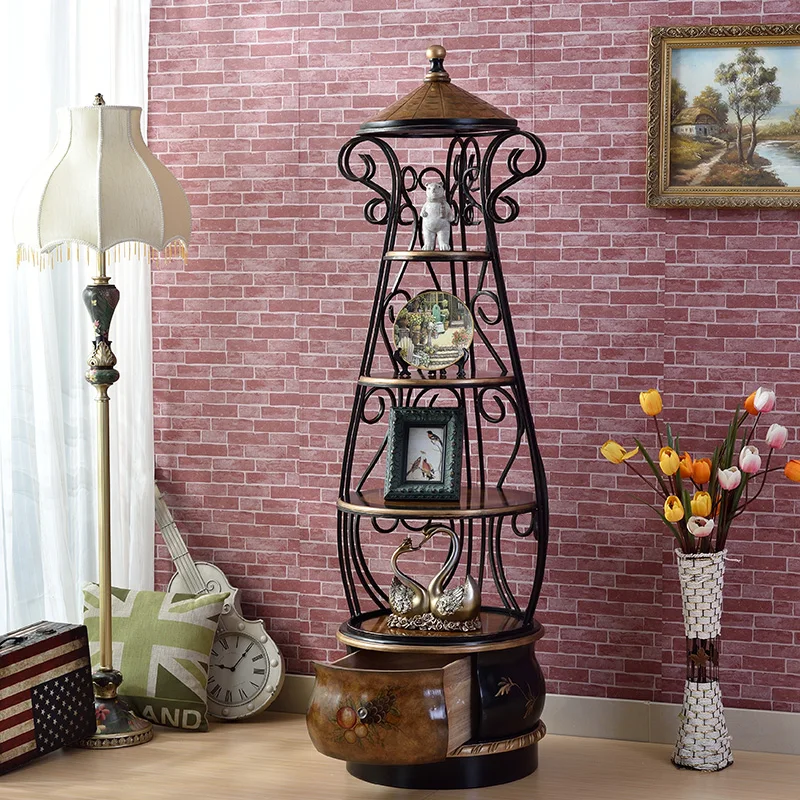 Wrought iron rack living room floor storage solid wood frame multi-layer baffle American corner wood frame birdcage rack