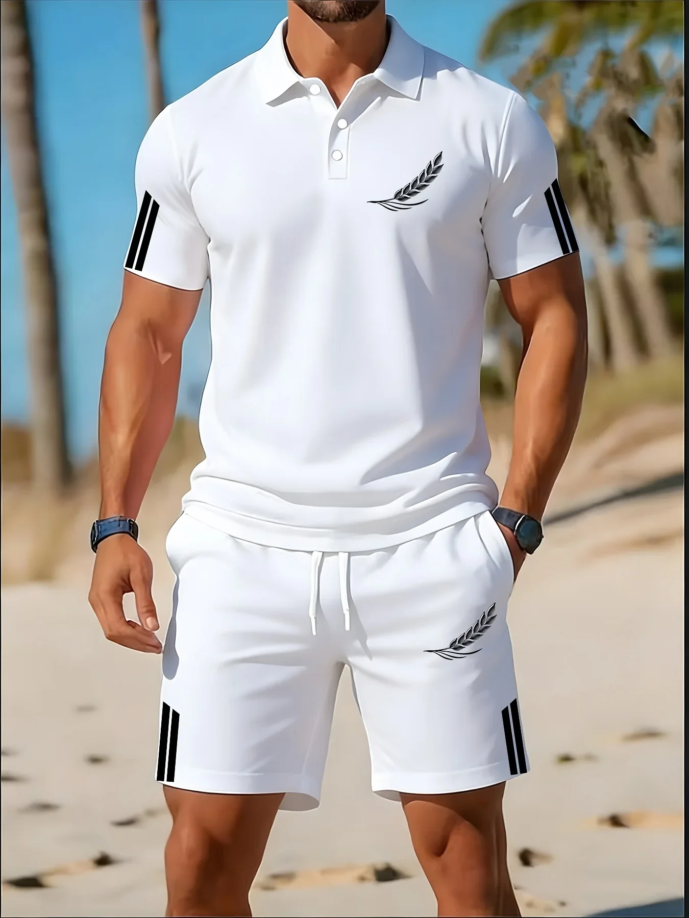 Summer new men's polo shirt set, LOS ANGELES letter print, slim fit breathable solid color short sleeved shorts set for men view 5