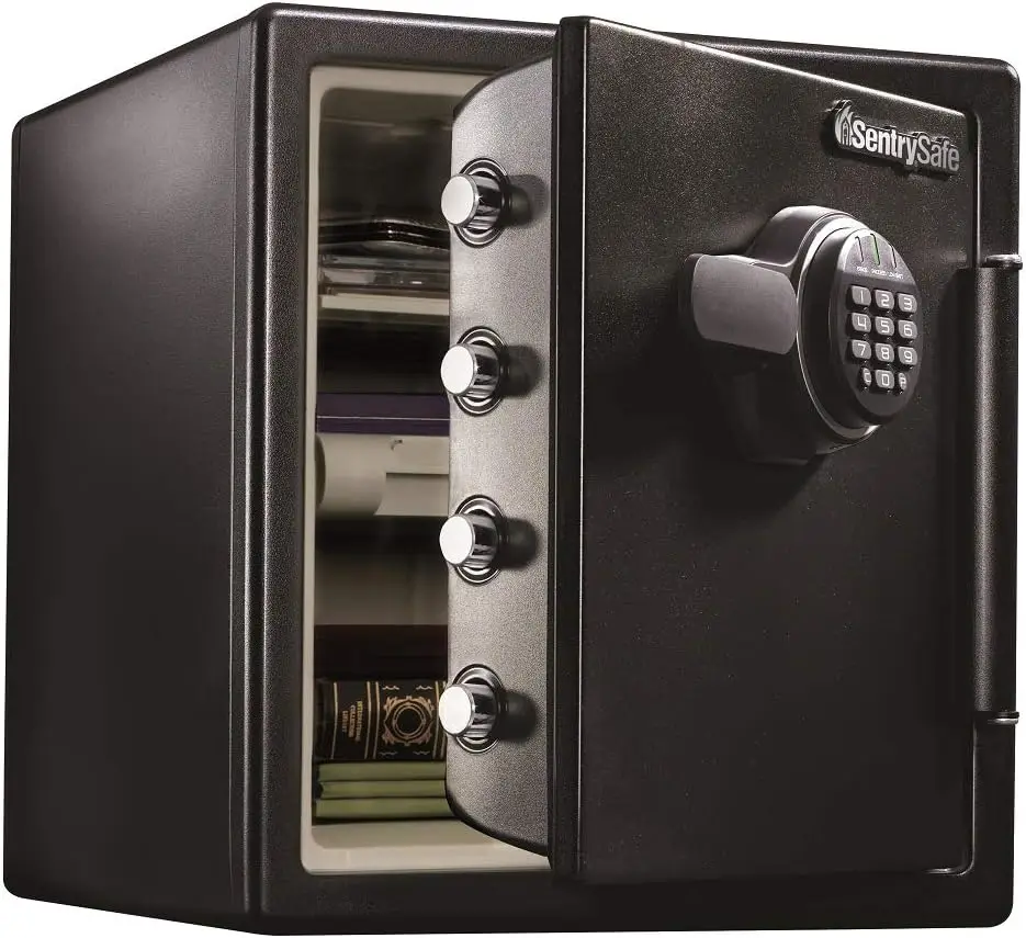 Fireproof and Waterproof Black Steel Home Safe with Digital Keypad Lock and Organization Trays for Money, Documents, 1.23 Cubic