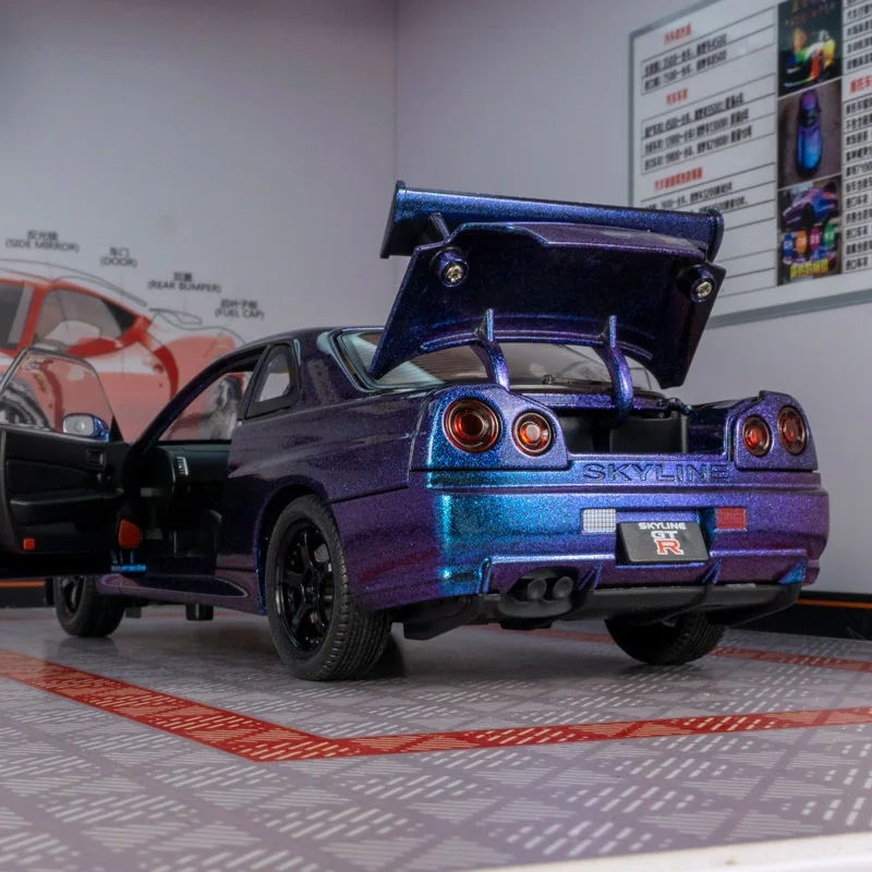1:24 Nissan GT-R R34 Skyline modelo de carro em liga metálica, portas e capô do motor, porta-malas pode ser aberto, brinquedos para meninos
