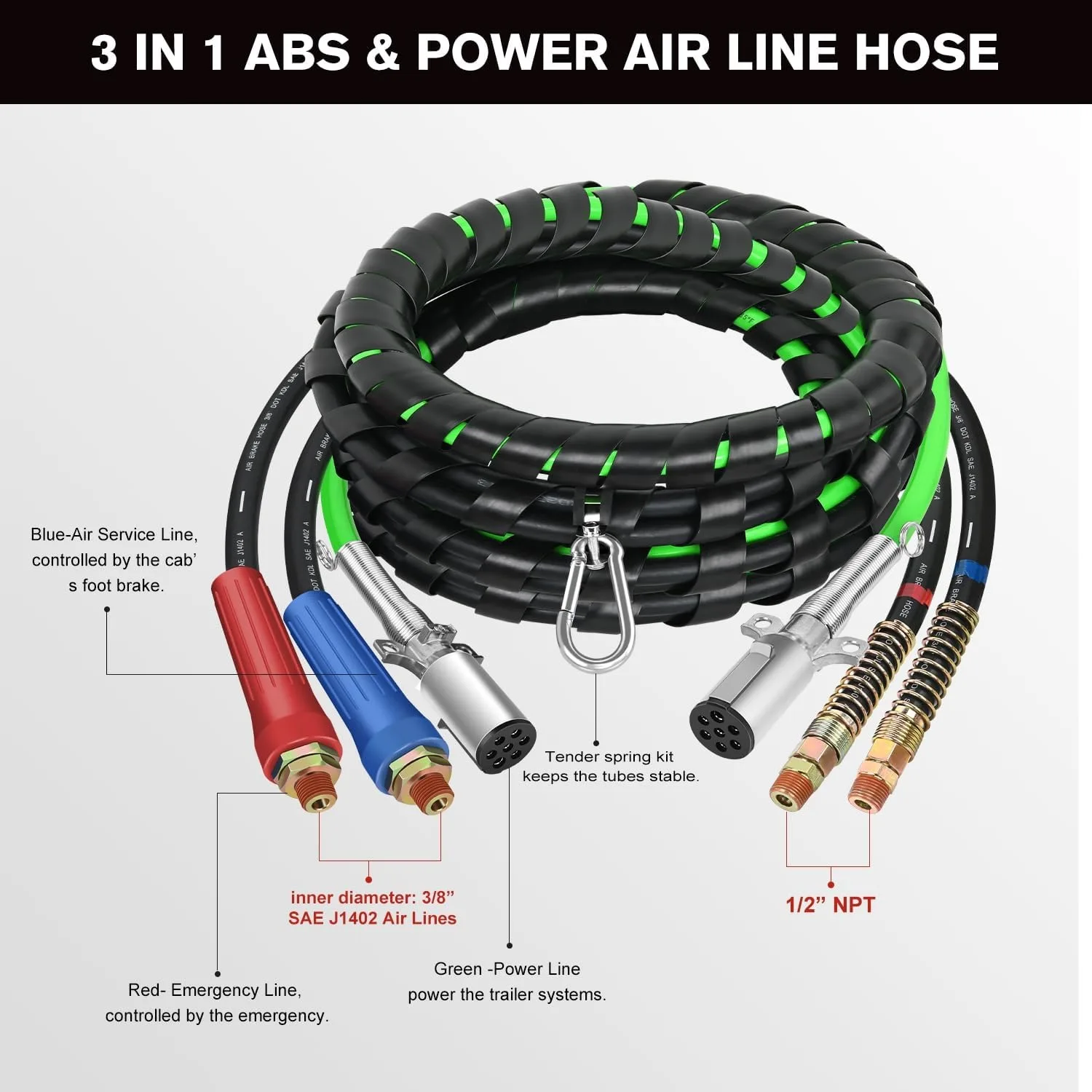 Nilight 15FT 3 in 1 ABS & Power Air Line Hose Kit Heavy Duty Green 7 Way Electrical Cable with Emergency Breakaway Assembly Weatherproof for Semi Truck Trailer Tractor view 6