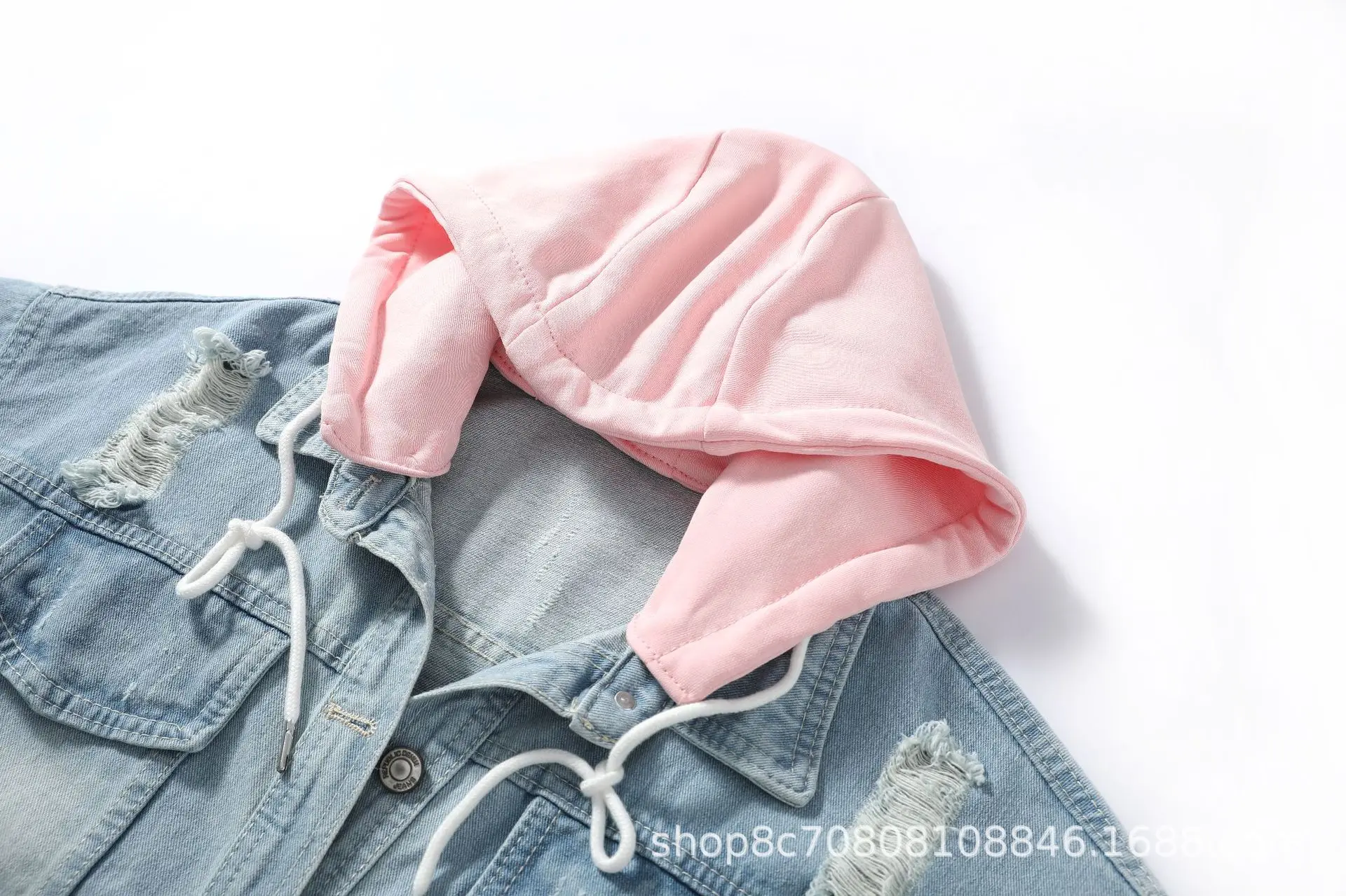 Chaqueta vaquera holgada con capucha para mujer, abrigo con agujeros, estilo europeo, rosa y azul, para primavera y otoño