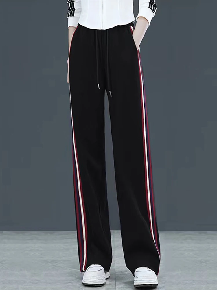 High Waist Casual Women's Sport Pants Spring Autumn 2026 New Style Side Stripe Straight Leg Loose Wide Leg Pants
