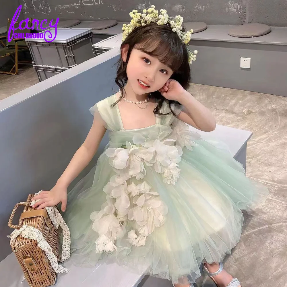 2023 Kids Tutu Birthday Princess Party Wear Lace Sage Green Girl Dress Children Bridesmaid Elegant Dress for Baby Girls Clothes