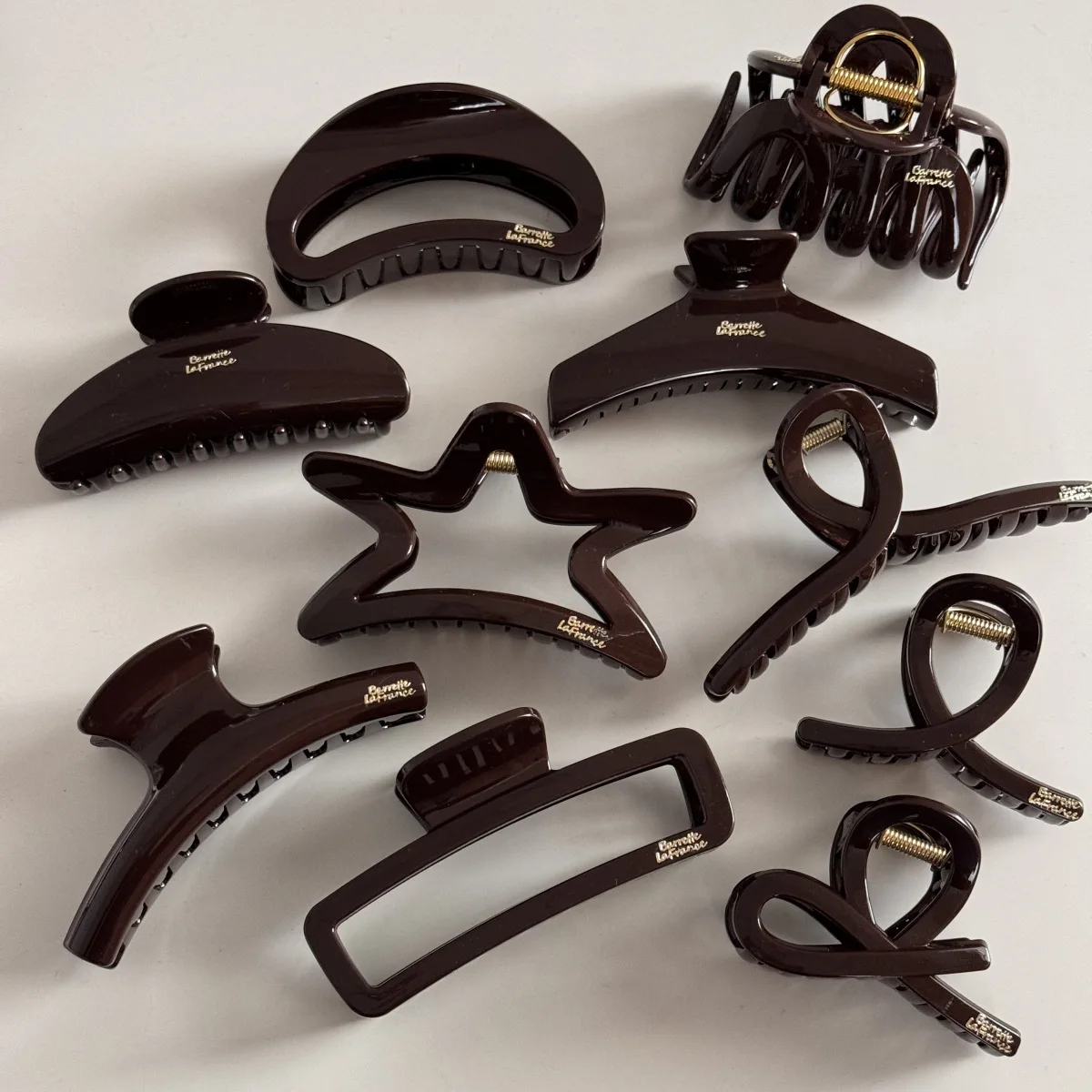 Hair Claw Clip Oversized Chocolate Brown Acetate Letter Gold Emblem Non Slip Grip Women Back Head Bun Daily Gift