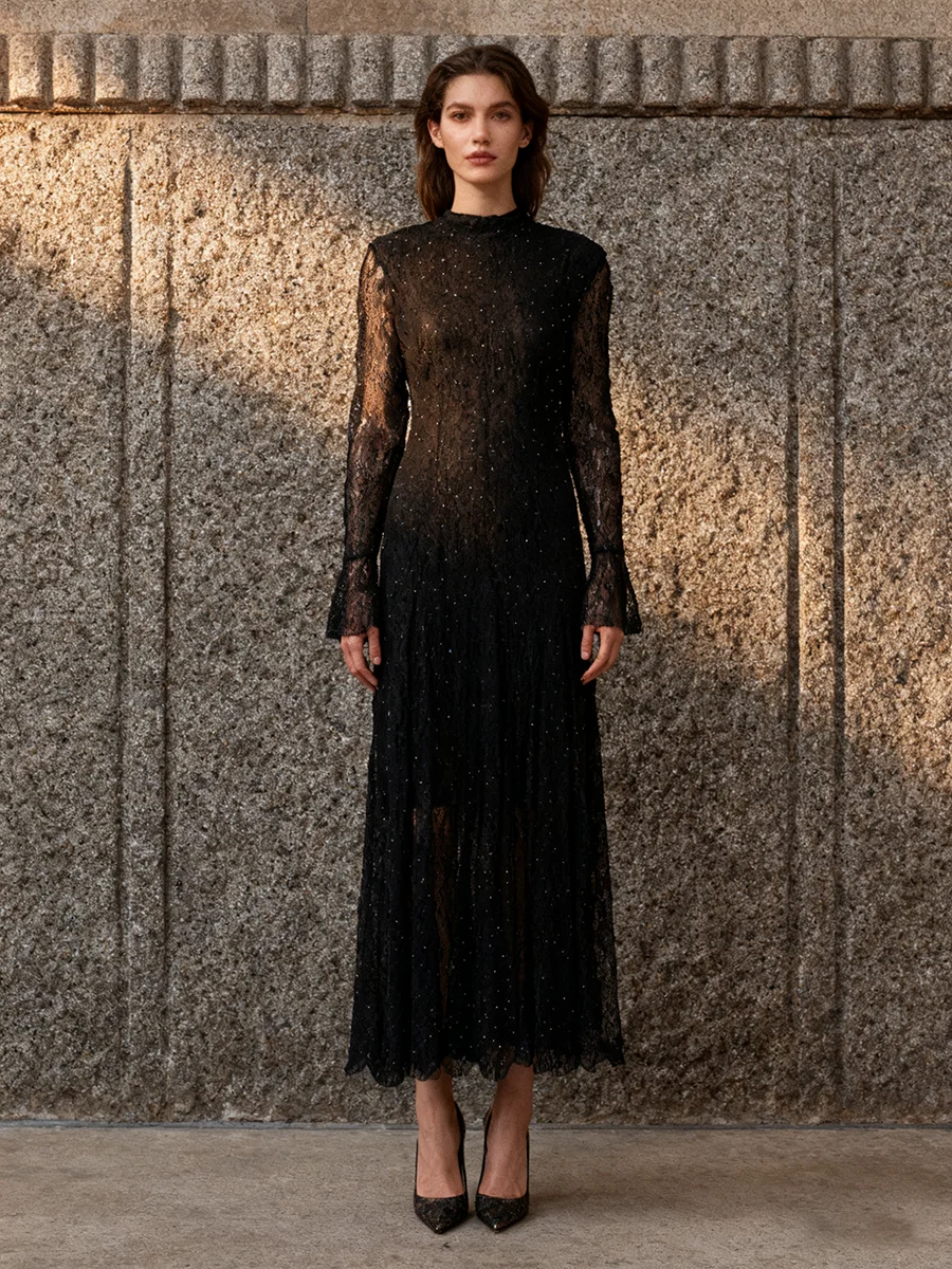 TWOTWINSTYLE Afslanken Sheer Spliced Lace Elegante Jurken voor Vrouwen O Hals Lange Mouwen Patchwork Hot Fix Mode Jurk Vrouwelijke