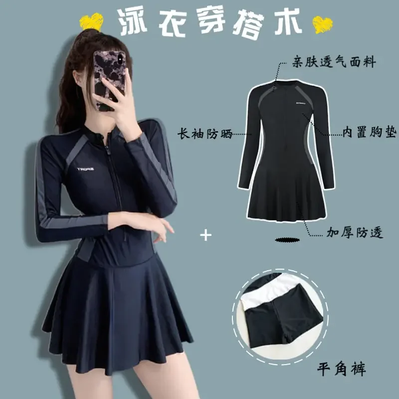 

Swimwears Large Size Swimsuit Women New One-piece Long-sleeved Slimming Professional Sports Training Student Hot Spring Swimsuit
