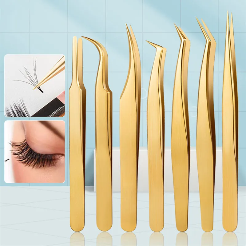 Gold Precision Tweezers Lashes Tweezers Stainless Steel Eyelashes Tweezers Eyelash Extensions Eyebrow Hair Removal Tweezers