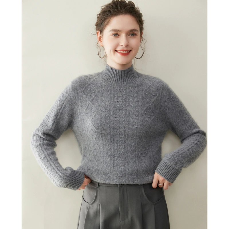 

2025 Fashion Women's 100% Cashmere Sweater Mock Neck Long Sleeve Pullover Cable Knitting Autumn Winter Thick Soft Clothing Tops