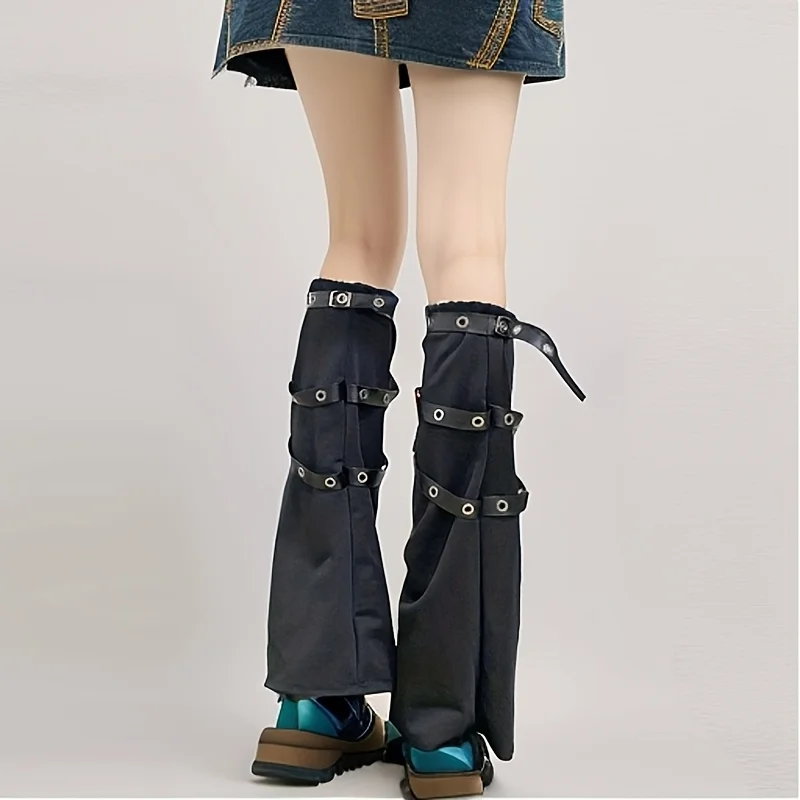 Gothic Sock For Women PU Strap Solid Black Punk Leg Warmers Casual Harajuku Foot Cover Street Leggings 2025 Spring Summer
