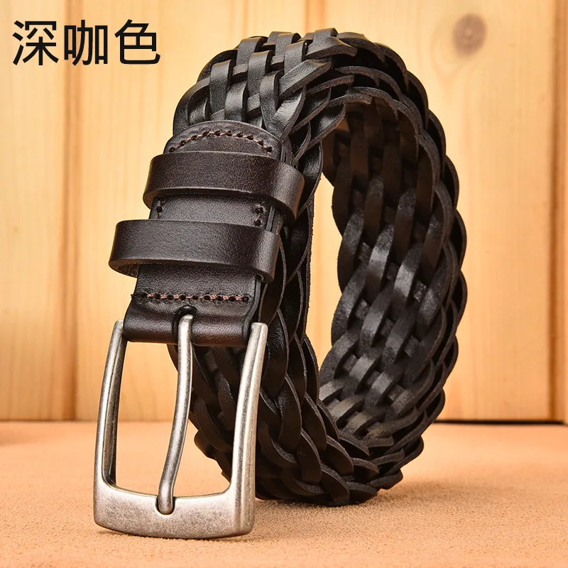 

Width Brown Real Cowhide Braided Belt Casual Needle Buckle Head Layer Hollow Hand Woven Fashionable Personalized Trouser 3.4cm