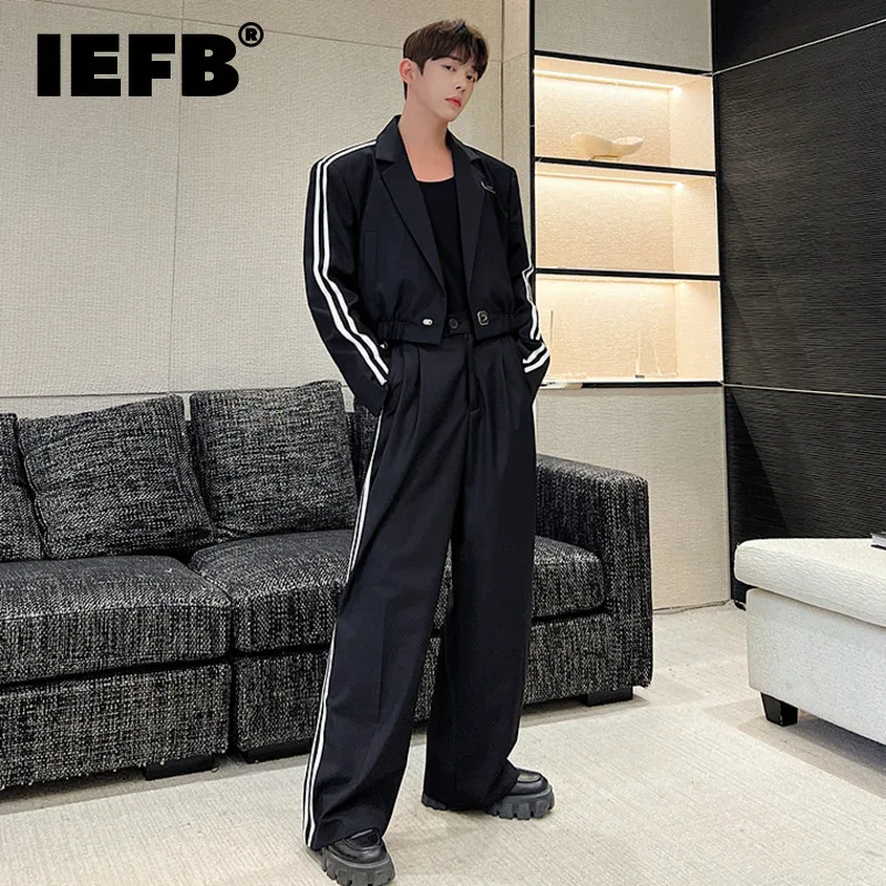 IEFB-Ensemble deux pièces à rayures pour hommes, pantalon court imbibé, pantalon large, manches longues, vêtements décontractés pour hommes, mode