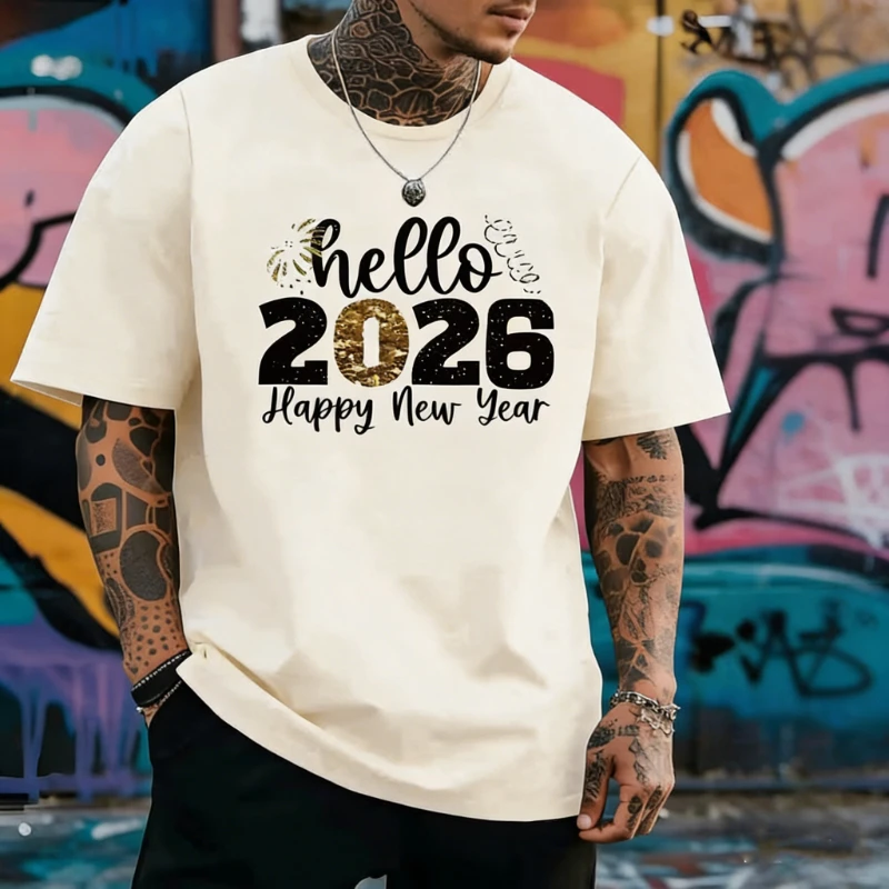2026 New Year Hello Simple Graphic T-Shirt Golden Lettering Casual Crew Neck Unisex Tee Fashion Leisure All-match Short-sleev