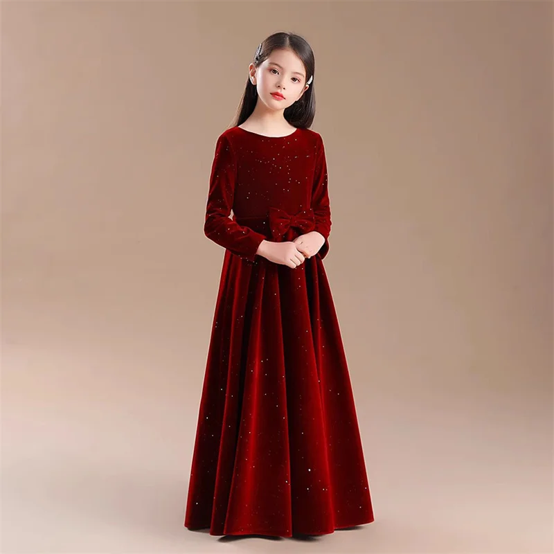 Baby Kids Princess Sequined Tulle Bow Flower Girl Dress Children First Communion Dress Ball Gown Wedding Party Dress Birthday
