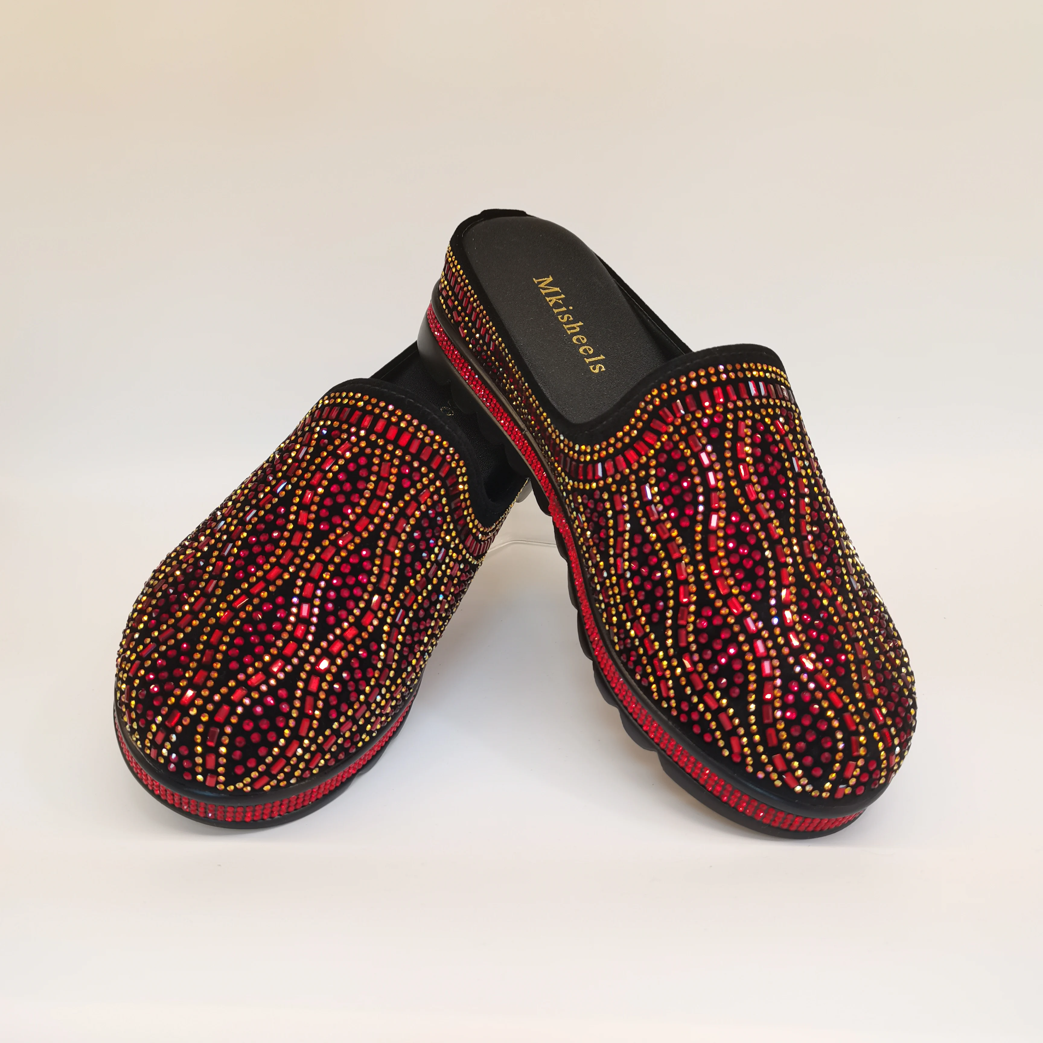 African Popular Luxury Women\'s Rhinestone Slippers Non-slip height-raising, High-end  Mid-Heel Lady Casual Mullers Shoes F1207-1