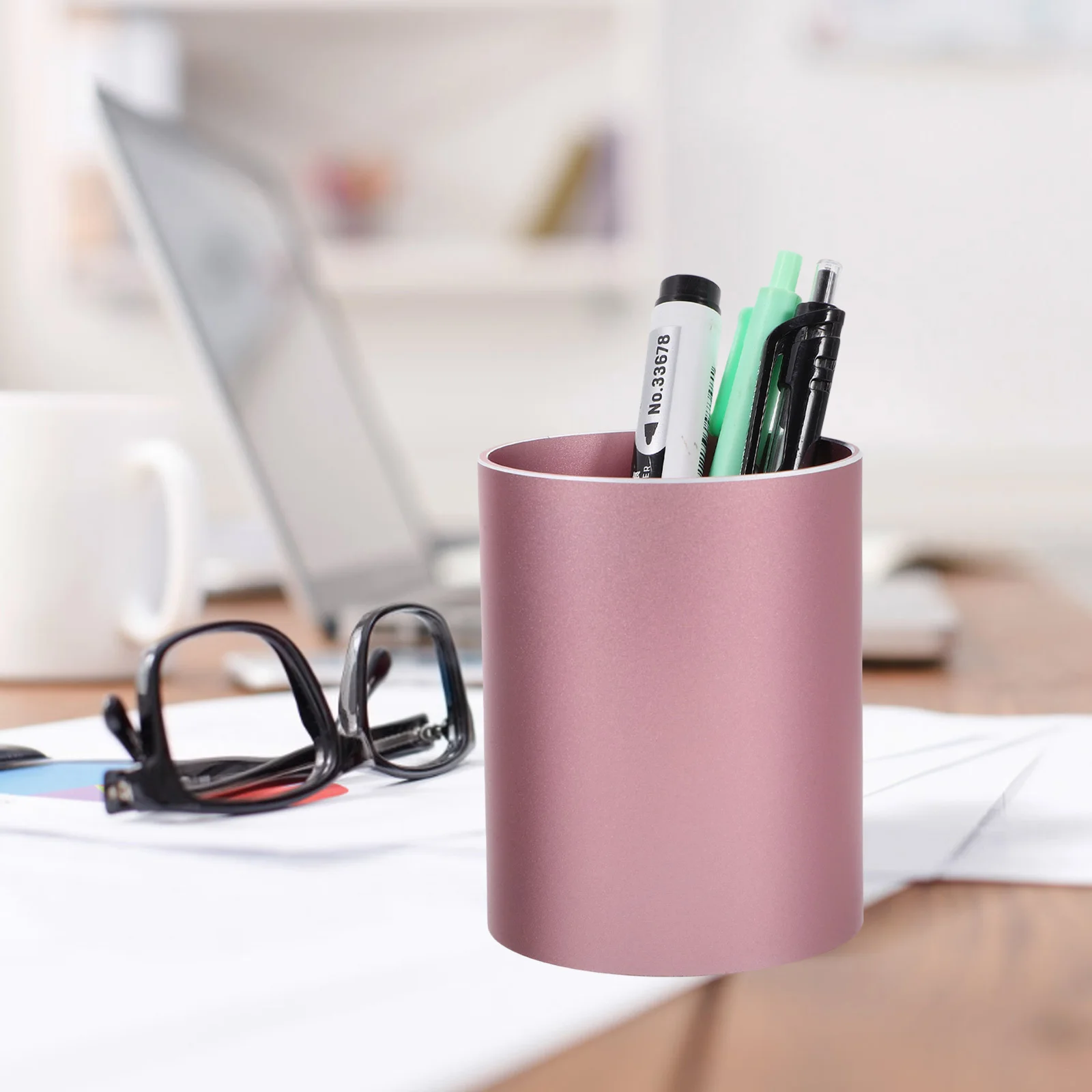 

Aluminum Alloy Pen Holder Round Desktop Organizer Non-Slip Base Soft Lined Pen Container For Office Multi-Use