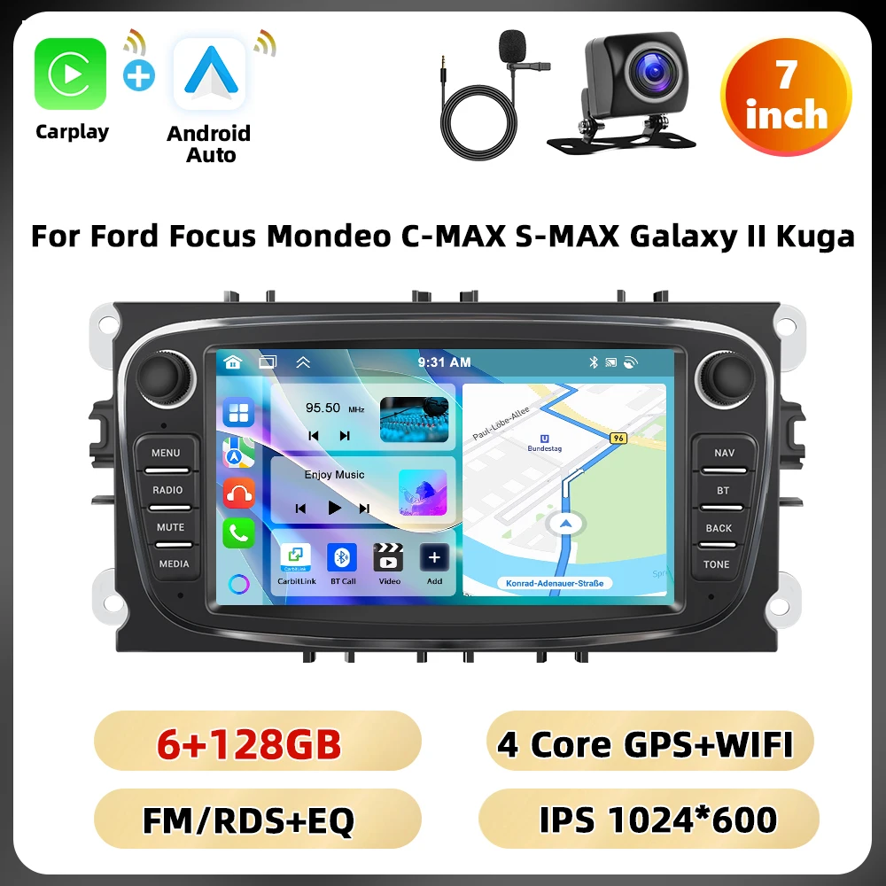 Podofo 7 ''Android Multimedia Speler Voor Ford Focus Mondeo C-MAX S-MAX Galaxy Ii Kuga Gps Navigatie 2 64G Carplay Android Auto - afbeelding 1