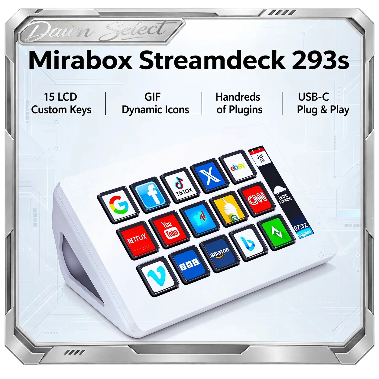 mirabox-stream-dock-293s-controlador-de-transmision-en-vivo-visual-de-15-teclas-pantalla-de-estado-con-15-teclas-personalizadas-lcd-configuracion-por-arrastre-y-suelte-con-cable-usbc