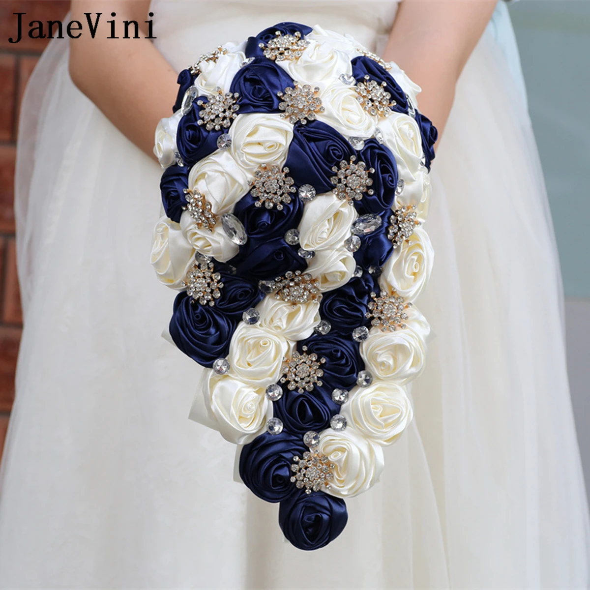 JaneVini Bling Rhinestone Waterfall Wedding Bouquet for Bride Luxury Navy Blue and Ivory Satin Roses Bridal Party Hand Flowers