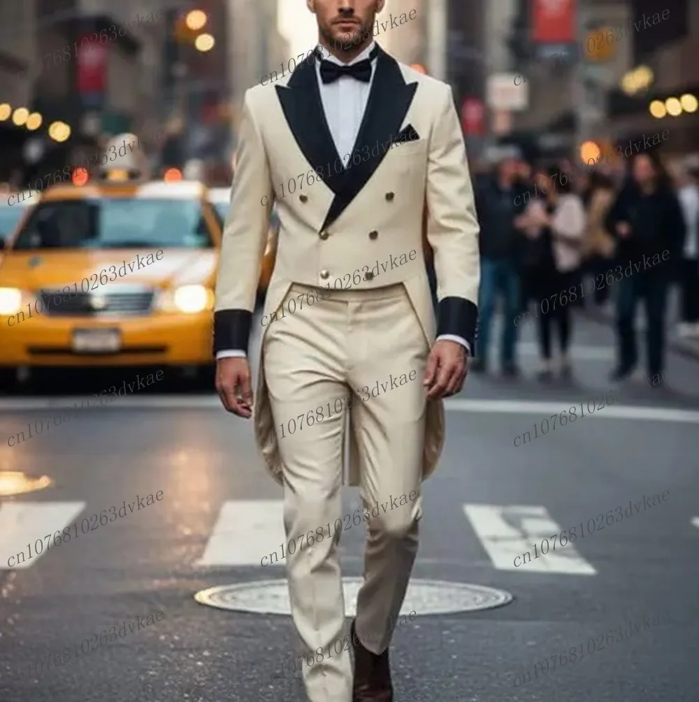 

Black Collar Long Ivory Blazer Business Men Suit Wedding Party Prom Groom Formal Occasions Tuxedos 2 Piece Set Jacket Pants
