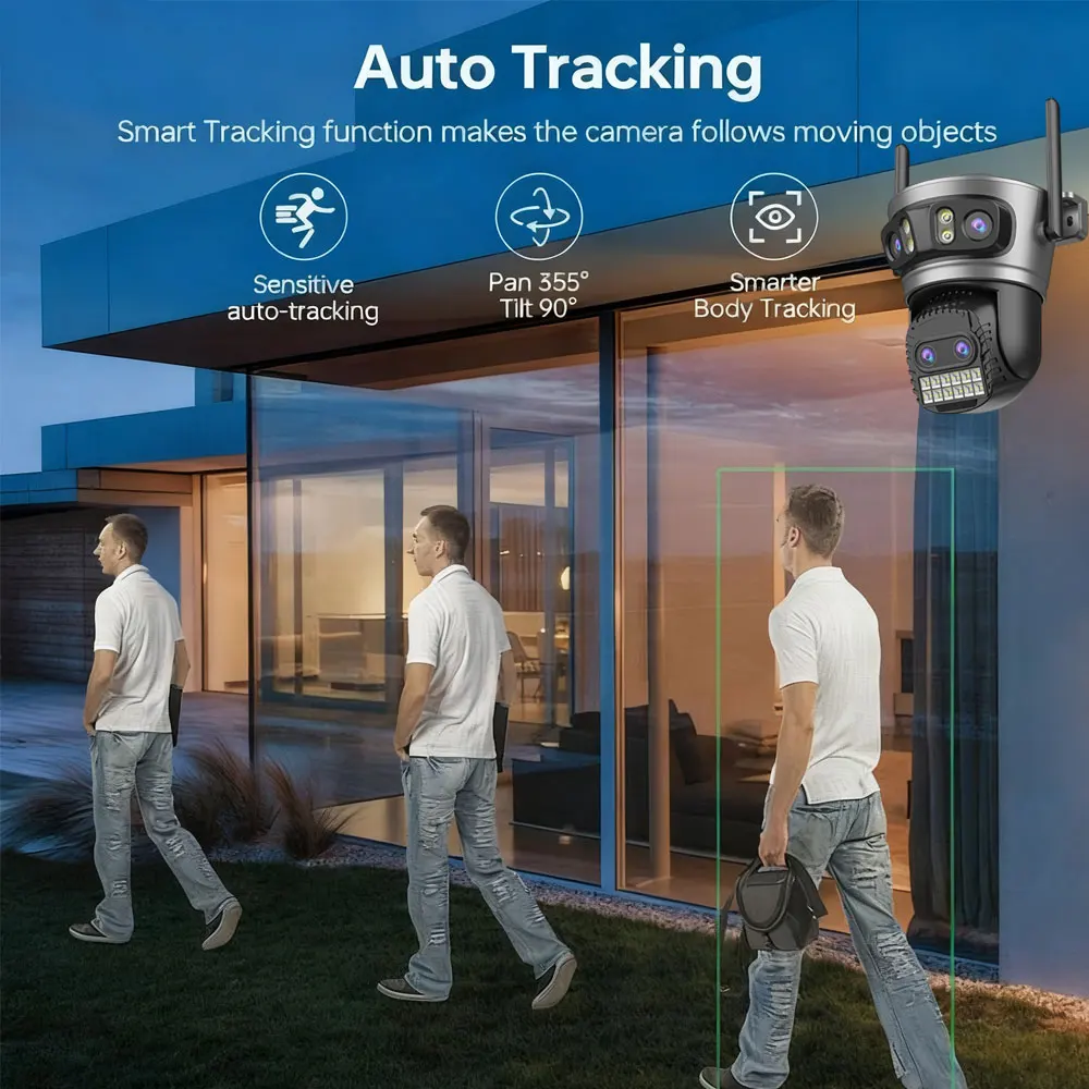 20MP 8K HD WiFi Camera 10X Zoom Four Lens Three Screen Auto Tracking Security Protection PTZ CCTV Video Surveillance