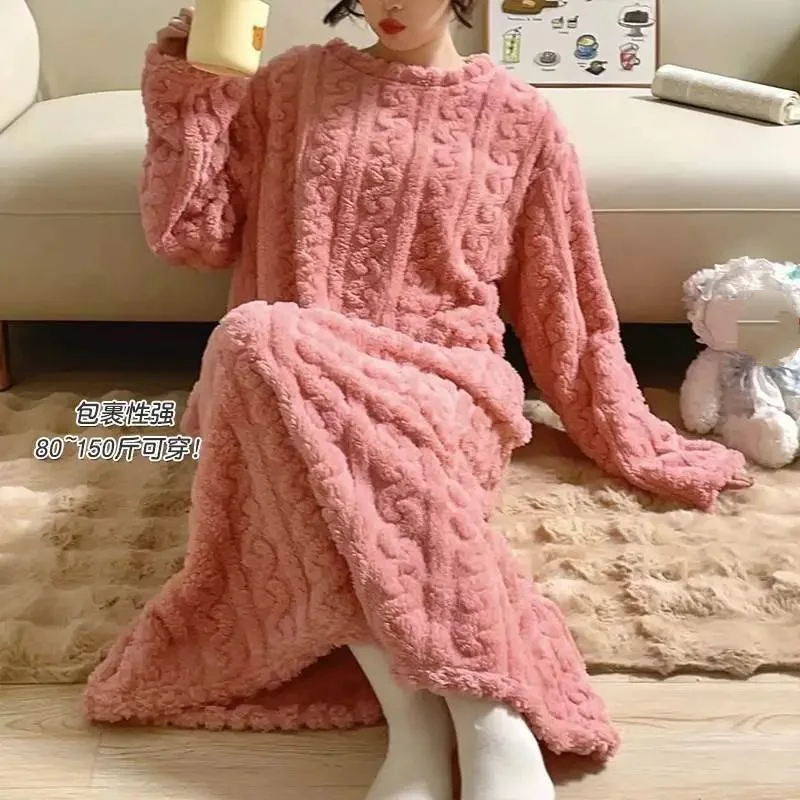 

Женские пижамы на флисовой подкладке, утепленная зимняя ночная рубашка, сохраняющая тепло, халат из кораллового флиса, одежда для сна, домашняя одежда для отдыха, свободный длинный стиль