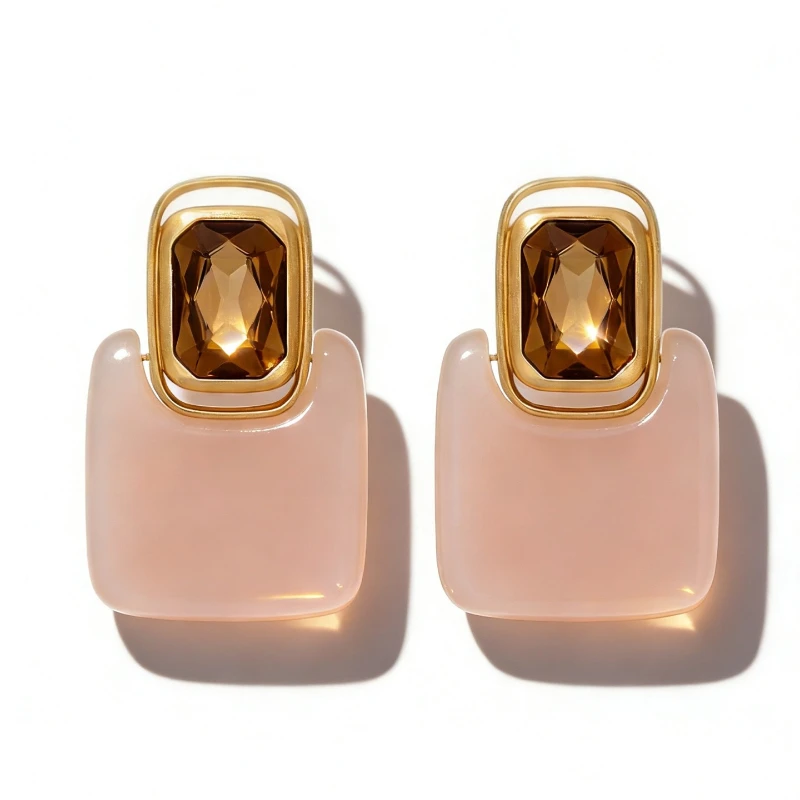 2026 Fashion Top Quality Pink Yellow Acrylic Square Crystal Earrings Ear Clip Woman Europe Designer Jewelry