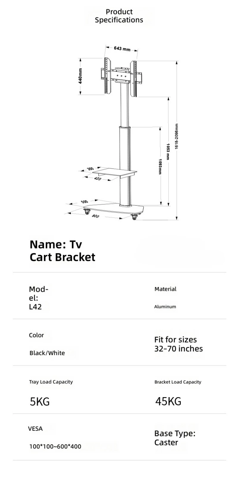 Aluminum material cart lifting universal wheel glass laminate TV can be moved - view 6