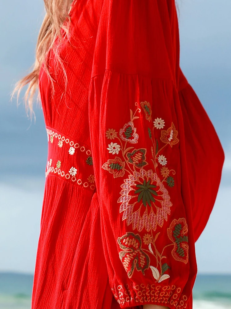 Gypsylady Floral Embroidery Boho Dress Cotton&linen V-neck Long Sleeve Vocation Beach Red Women Dresses Ladies Vestidos Robe New