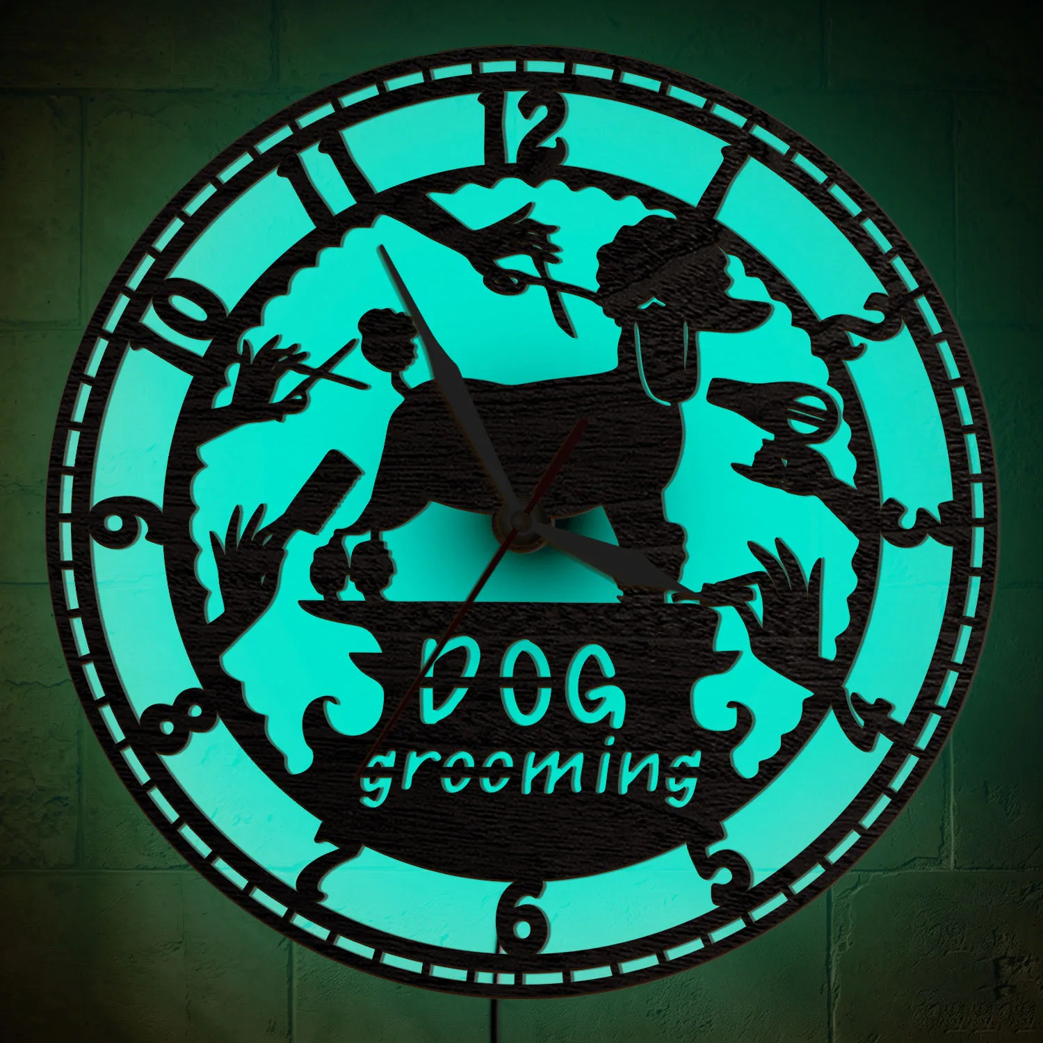 Poodle Dog Grooming Wooden Wall Clock for Pet Salon Shop Canine Stylist Luminous Sign Wooden Night Light Wall Clock Glow in Dark