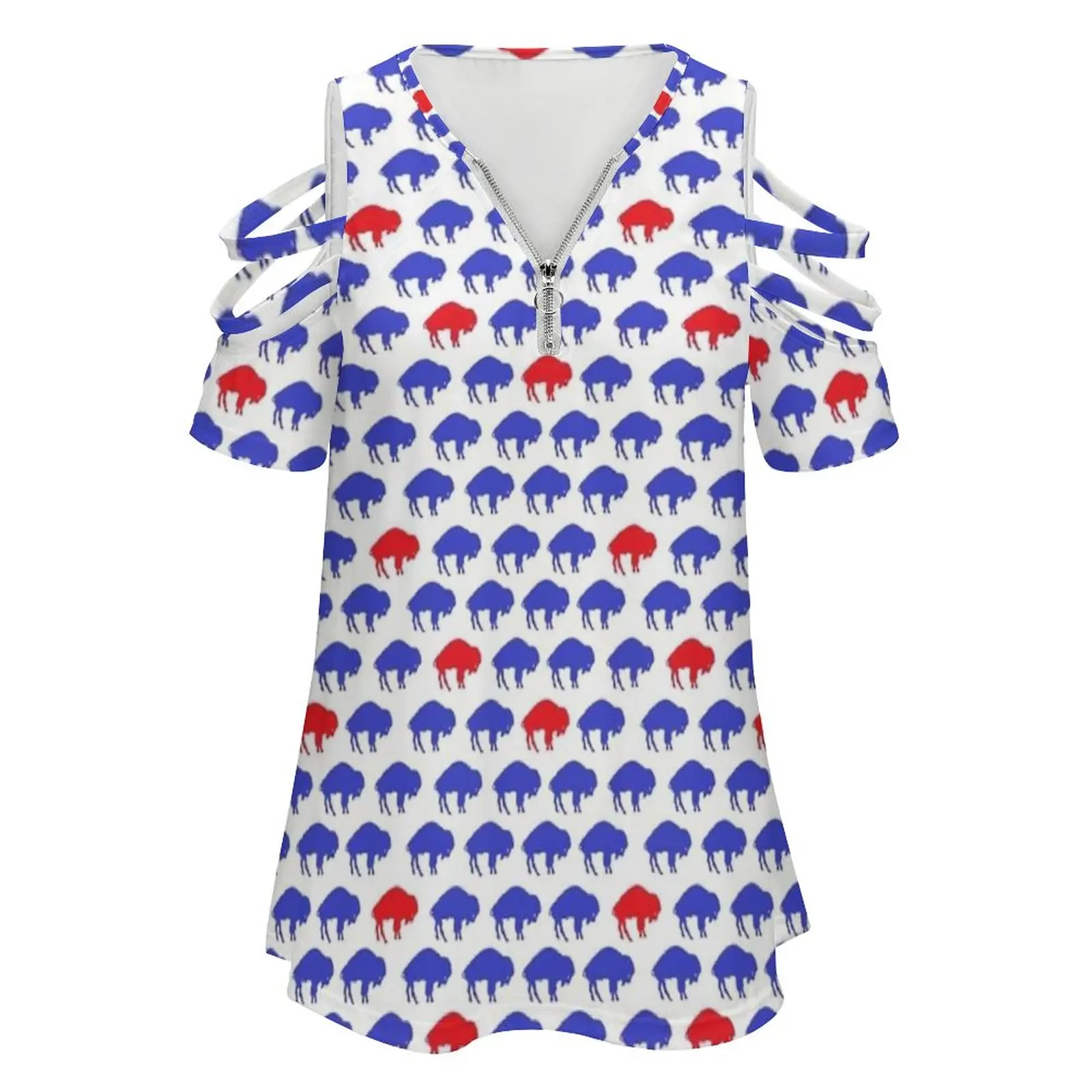 Blue Buffalo Herd-Buffalo Sports Women Zipper Sexy Printed Vintage T Shirts Tops Full Print T-Shirt Buffalo Herd Blue Red Bills