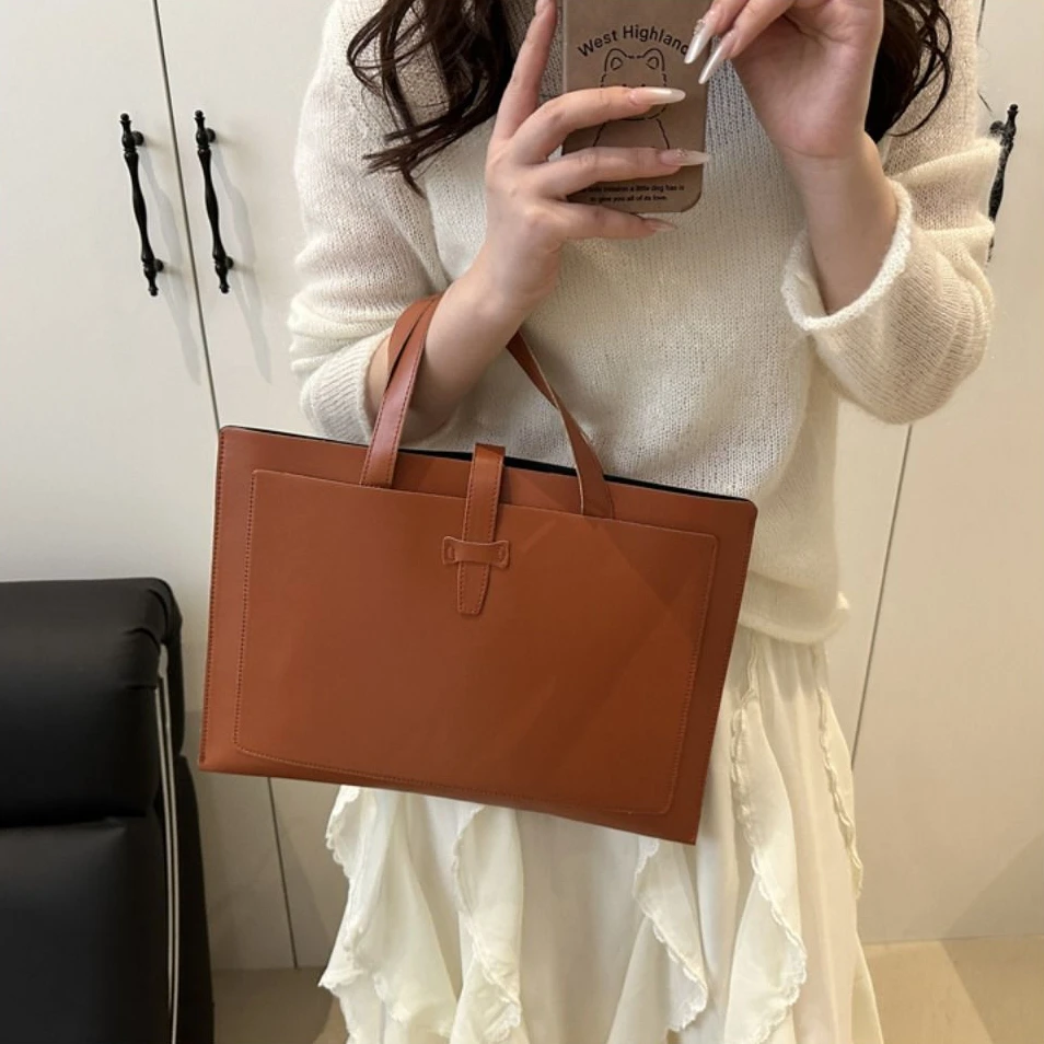 

New Solid Color File Tote Bag Office PU Leather Briefcase Casual Business Laptop Handbag Men Women