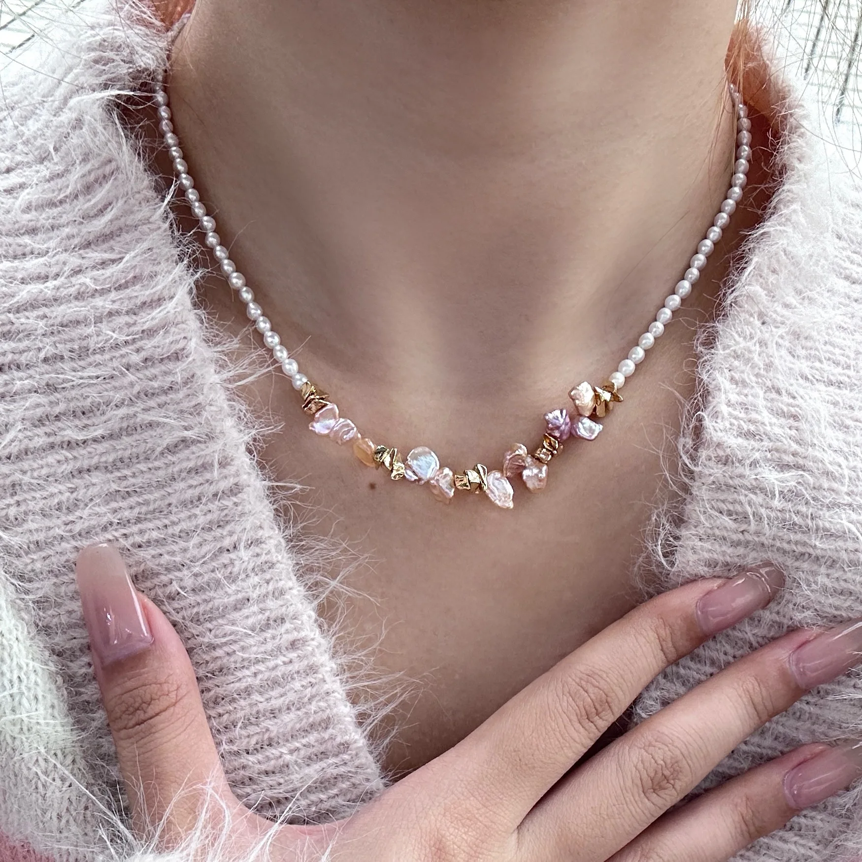 2.5-3mm Natural Aurora Freshwater Pearl Necklace, with Iridescent Petal Shape Beads Fine Skin Luminous, Premium Pearl Jewelry
