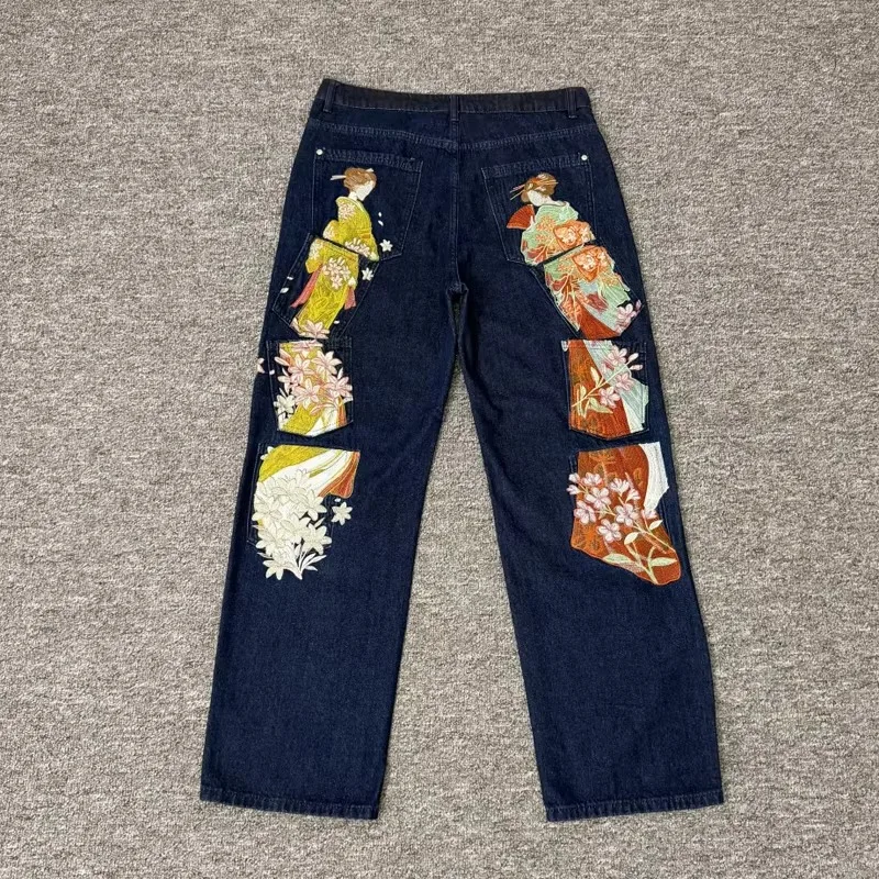 New Kimono Women Embroidered Derschutze Jeans High-quality Unique Japanese Style Denim Pants