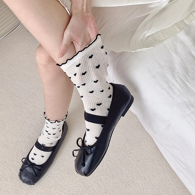 Multicolor Polka Dot Women Socks Summer Thin Hollow Out Meah Breathable Long Socks Japanese Kawaii Cute Sweet Girls Ruffle Socks