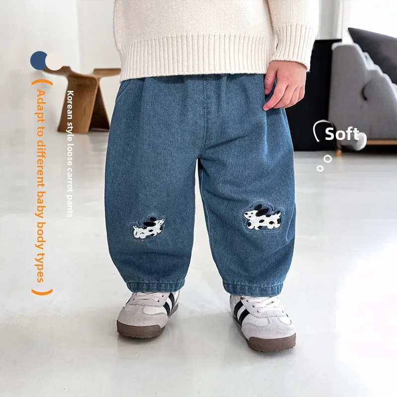 

Детские лоскутные джинсы, новинка 2023 года, осенняя мода для мальчиков, корейская версия, тканые штаны с героями мультфильмов, детские осенние штаны