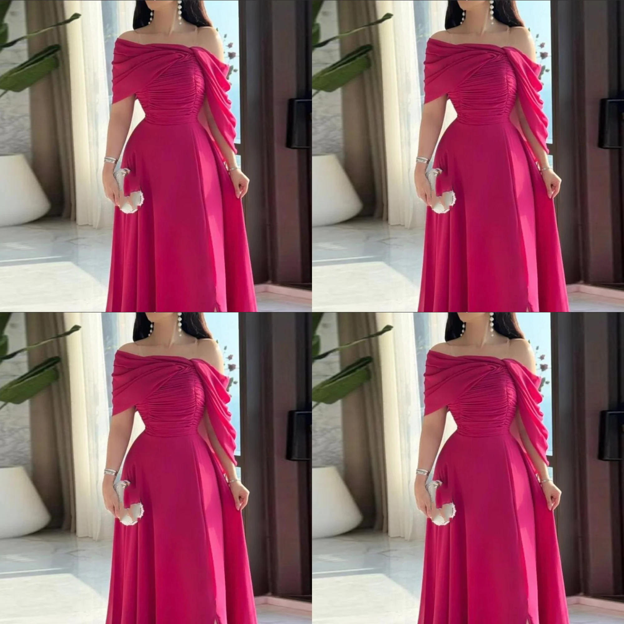 

Customized Off Shoulder Chiffon Straight Draped Evening Party Dress Backless Pleated Floor Length Prom Gown for Women Long Party