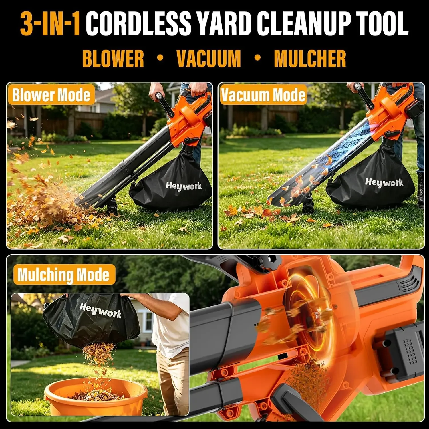 40V Yard Blower Vacuum, 6-Speed Leaf Mulcher | Adjustable speed control, 520 CFM airflow, and 40L bag help manage leaves on