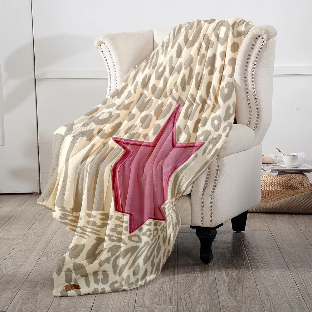Cream Leopard Pink Star Flannel Blanket Cartoon Printed Throw Blanket for Kids Adults Soft Plush Bed Sofa Cover Gift