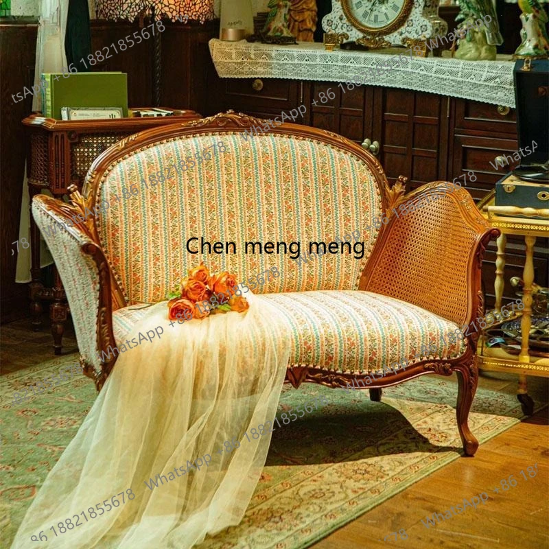 

French vintage solid wood rattan jacquard single double sofa chair villa antique carved sofa