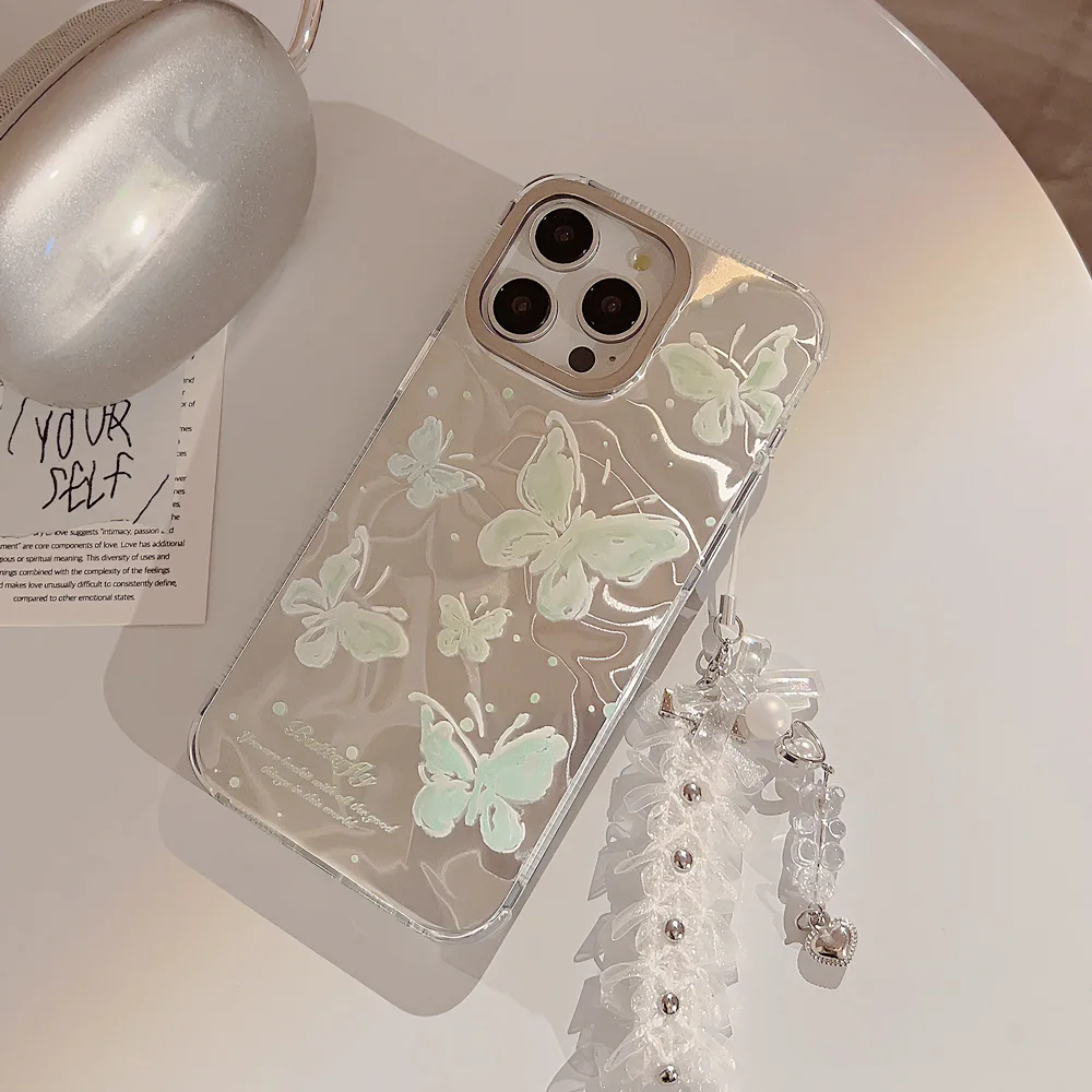 Holographic Green Butterfly Phone Case with Lanyard for iPhone 15 PRO MAX  PLUS 14 13 12 Reflective Fashionable Phone Cover