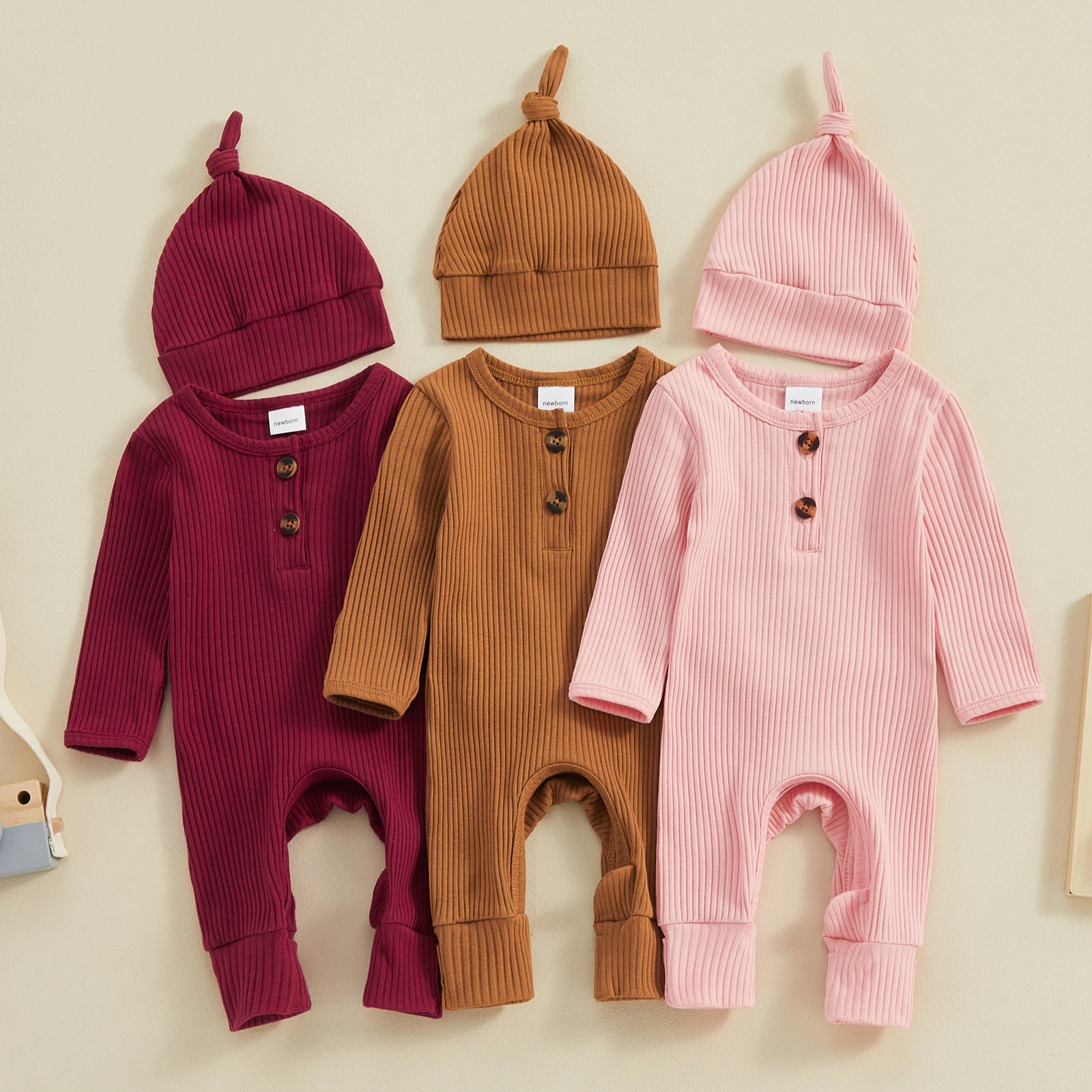 

Newborn Baby Knitting Jumpsuits Outfits Solid Color Ribbed Long Sleeve Full Length Romper Hat Soft Newborn Hospital Homewear