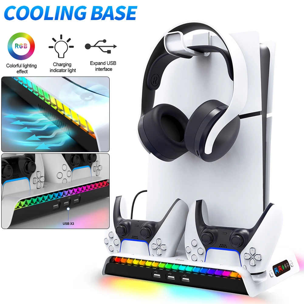 

For PS5 Stand Cooling Station with RGB Light Cooling Fan Dual Controller Charging Dock for PS5 Slim Console Digital&Disc Edition